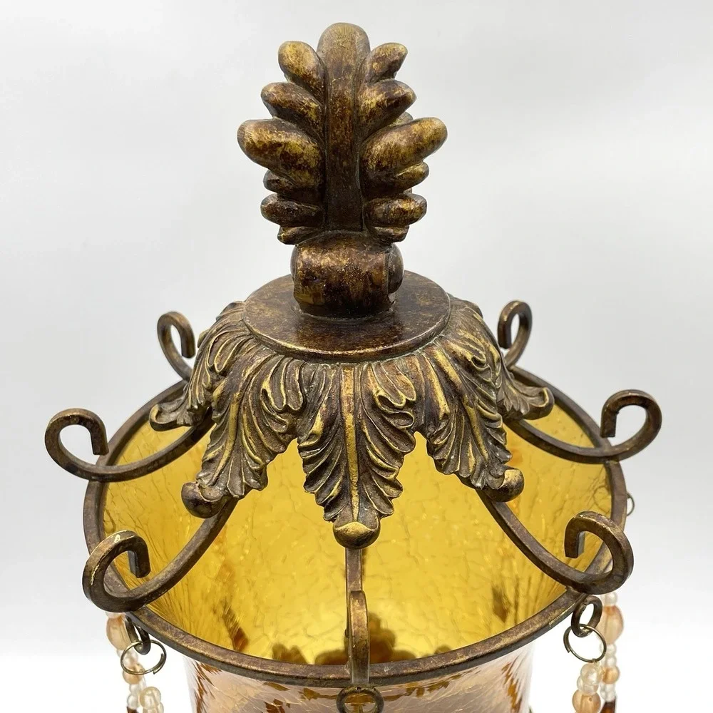 Vintage Bombay Company Bronze Amber Crackle Glass Beaded Table Lamp Tested/Works